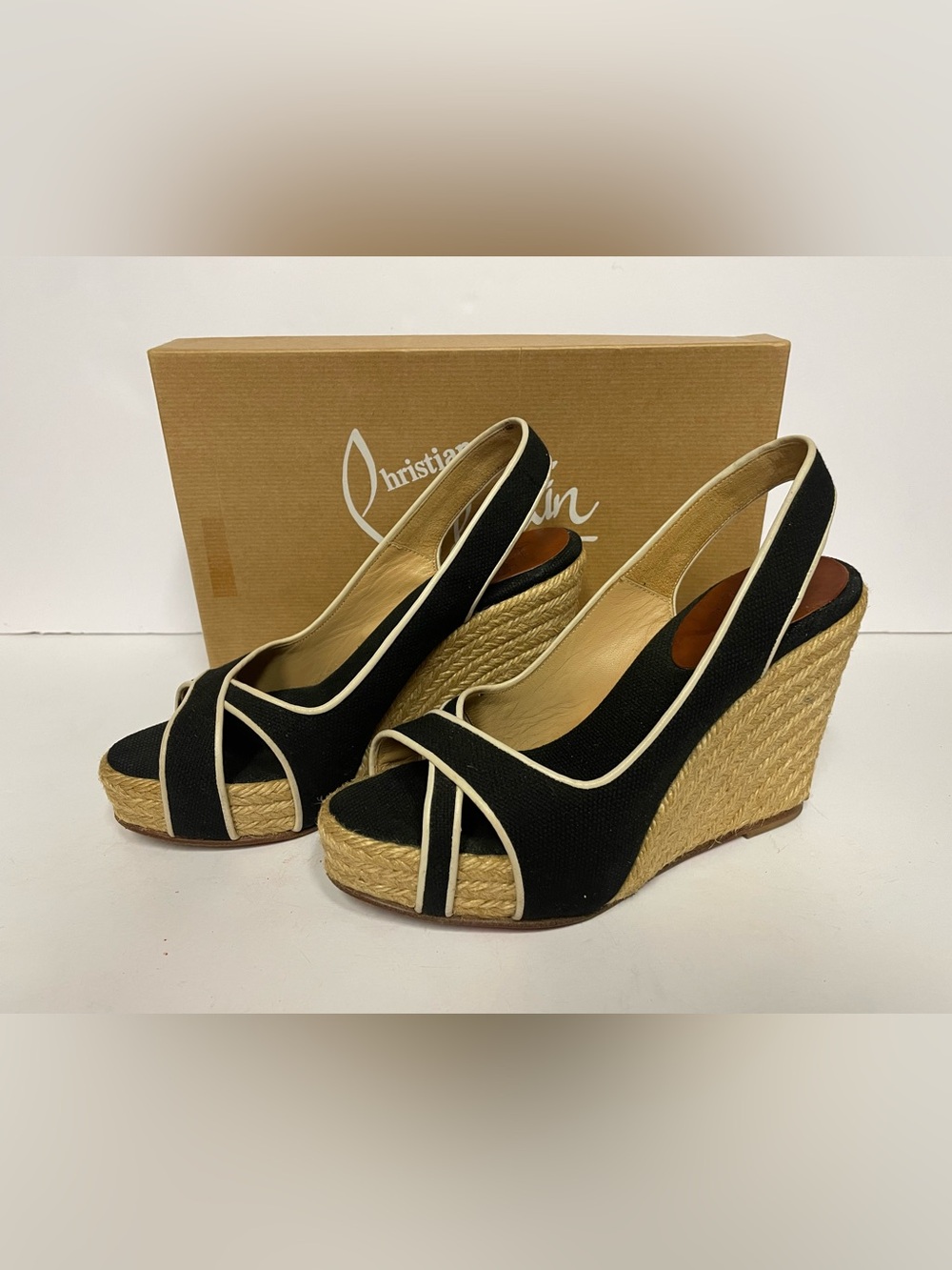 Christian Louboutin Black Espadrille Wedge Sandals slingbacks 36